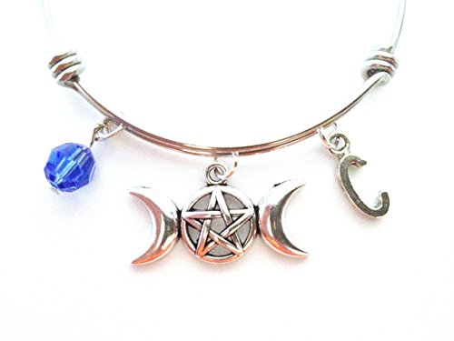 Triple moon themed personalized bangle bracelet. Antique silver charms and a genuine Swarovski birthstone colored element.