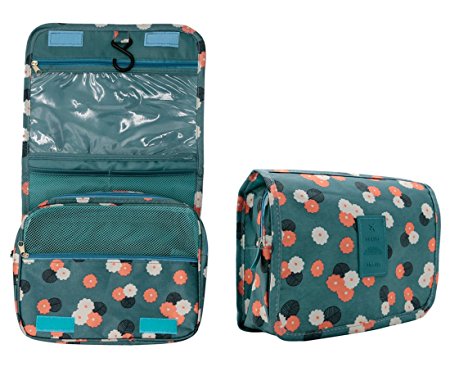 Lulutus Hanging Toiletry Bag Travel Organizer Cosmetic Bag Makeup Case Waterproof With Compartments for Women,Blue Flower