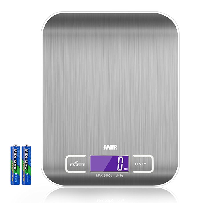 AMIR 5000g, 0.05oz/1g Digital Kitchen Scale, Electronic Cooking Food Scale with Multi Function, High Accuracy, LCD Display, Stainless Steel and Slim Design Batteries Included (Silver)