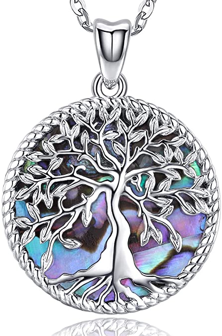 Aniu Abalone Seashell Inlaid Tree Necklace for Women, 925 Sterling Silver Abalone Shell/Mother of Pearl Family Tree of Life Charm Pendant Jewelry for Birthday Gift 18"