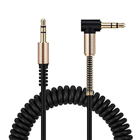 ULTRICS AUX Cable, Spring Coiled 3.5mm Auxiliary Audio Lead Jack to Jack Right Angle, Male to Male Gold Plated Stereo Cord for iPhone iPod iPad Samsung Android Smartphone MP3 Headphones Home Car