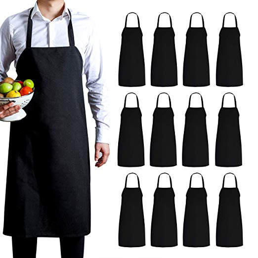 Whole Housewares Kitchen Bib Aprons (Black 30"x34"), 12 Pack Professional Aprons for Cooking, Baking, Painting, Crafting, Drawing, Gardening, BBQ