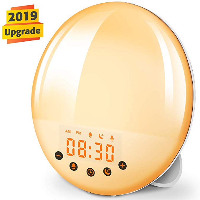 KINGSO Alarm Clock Wake Up Light 30 Brightness 9 Alarm Sounds Including Record FM Radio Sunrise/Sunset Bedside Night Lamp Snooze Function Touch Control 7 Colours LED Light [Energy Class A  ]