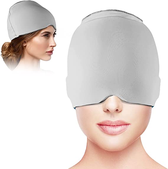 Headache Relief Hat Migraine Ice Head Wrap, Ice Packs for Injuries Reusable Migraine Relief Cap, Wearable Compressed Therapy Headache Relief Hat for Migraines Tension Sinus Fever Stress Relief(Gray)