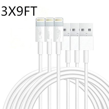 Red Gem 9FT/3M 8 Pin Lightning to USB Data Cable Sync and Charging Cord Wire for iPhone 6s plus, 6s, 6 plus, 6, 5s, 5c, 5, iPad Air, iPad Mini, iPod Touch,iphone SE(White) (3-Pack)