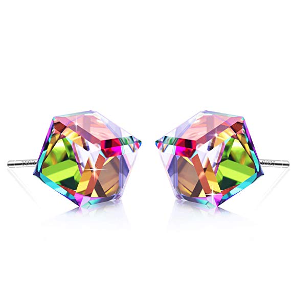 S925 Sterling Silver Stud Earring Rainbow Color Changing Square with Cubic Crystals from Swarovski for Women Girl Dainty Jewelry Gift Anniversary Wife Birthday Colorful Christmas
