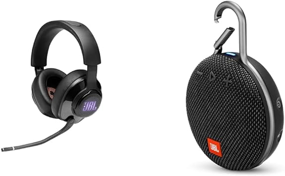 JBL Quantum 400 - Wired Over-Ear Gaming Headphones & Clip 3, Black - Waterproof, Durable & Portable Bluetooth Speaker - Up to 10 Hours of Play - Includes Noise-Cancelling Speakerphone