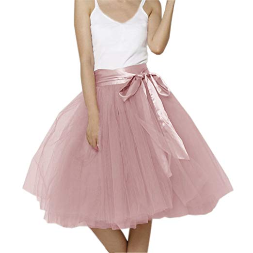 Lisong Women Knee Length Bowknot Layered Tulle Party Prom Skirt