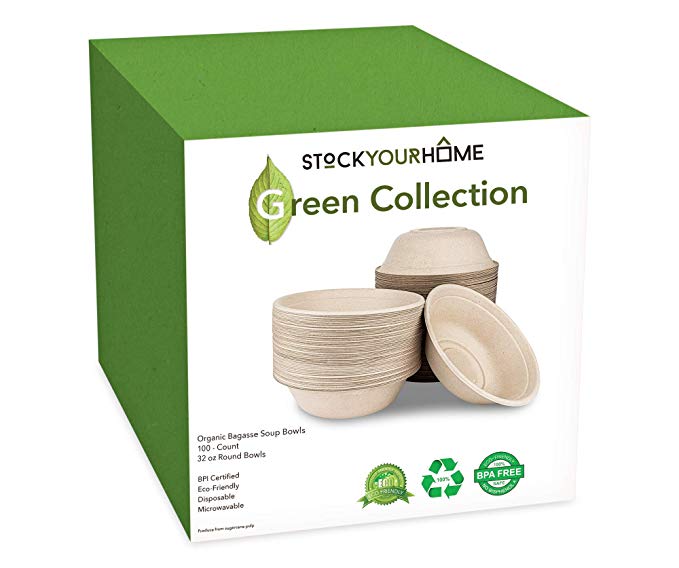 Compostable 32 Ounce Bagasse Bowls - 32 Oz Serving Bowls - Dispsoable Soup Bowls - Eco Friendly Dinnerware - Biodegradable and Recyclable (100 Pack)