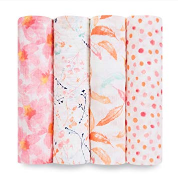 aden + anais Swaddle Baby Blanket, 100% Cotton Muslin, Large 47 X 47 inch, 4-Pack, Petal Blooms, Flowers