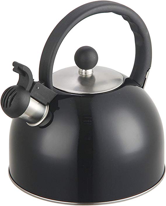 2 Liter Stainless Steel Whistling Tea Kettle - Modern Stainless Steel Whistling Tea Pot for Stovetop with Cool Grip Ergonomic Handle (Black)
