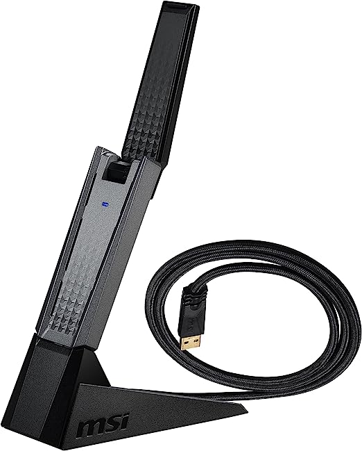 MSI AX1800 WiFi 6 Dual-Band USB Adapter - WLAN up to 1800 Mbps (5GHz, 2.4GHz Wireless), USB 3.2 Gen 1 Type-A, MU-MIMO, Adjustable Antenna, Beamforming, WPA3 - Wired Cradle Stand Included