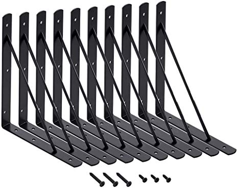 Home Master Hardware 10 x 8 inch Shelf L Brackets Shelf Support Corner Brace Joint Right Angle Bracket Black with Screws 10-Pack (Black)