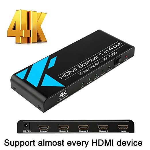 4K HDMI Splitter, Takya 1x4 HDMI Splitter Ver 1.4 Certified for 4k x 2K & 3D Support (One Input To four Outputs)