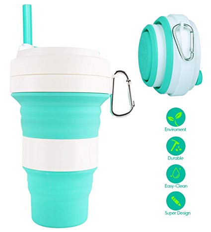 Folding Cup Collapsible Coffee Cup - Idealife 19oz Reusable Portable Mugs with Lid and Hook for Travel Running, Camping 3 Adjustable Capacities (Green)