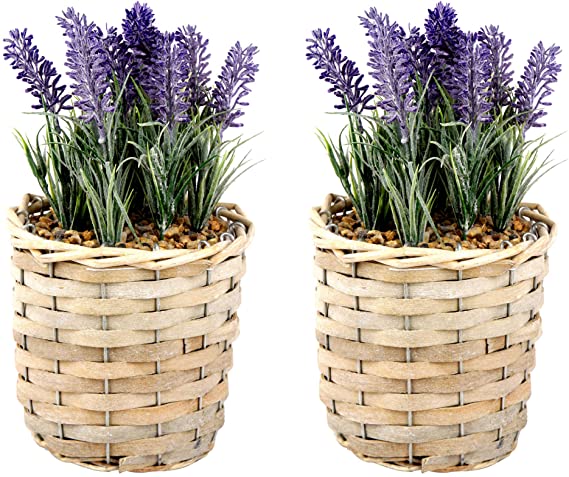 2 Pack 9.5" Small Artificial Lavender Plants in Wicker Modern Woven Basket,Storage Basket/Fake Faux Arrangements/Plant Decoration Mini Artificial Potted Plants for Home&Office Decor