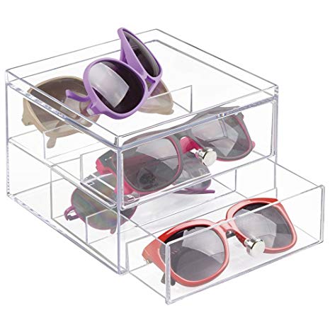 mDesign Stackable Eyeglass Organizer Holder for Sunglasses, Eyeglasses, Reading Glasses - 2 Divided Drawers, Clear
