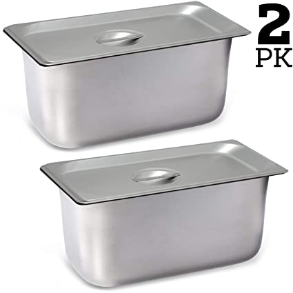 2 Pack Steam Table Pan Third Size with Cover, Hotel Pan is 6” Deep, Made from 25 Gauge Stainless Steel, NSF Listed.