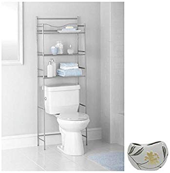 Mainstay 3-Shelf Bathroom Over The Toilet Space Saver with Liner, Chrome with Toothbrush Holder