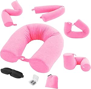 Twist Travel Neck Pillow Portable Memory Foam Travel Pillow Adjustable Bendable Roll Pillow for Neck, Chin, Lumbar and Leg Support Ideal Travel Accessories on Airplane, Bus, Train, at Home (Pink)