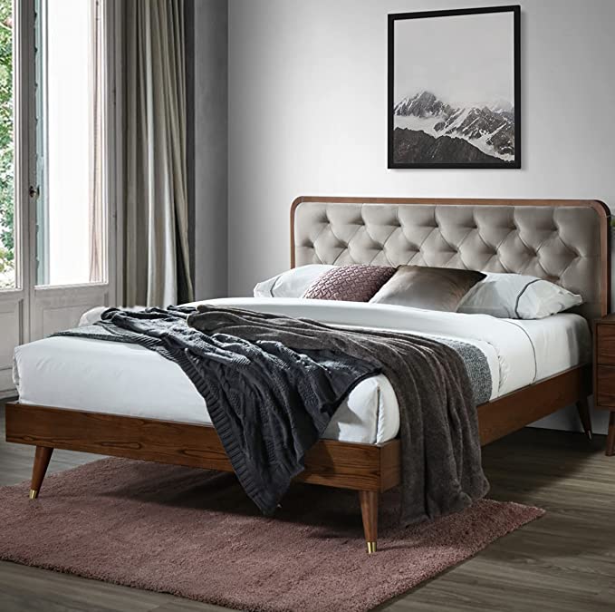 DG Casa Cassidy Mid Century Modern Upholstered Platform Bed Frame with Diamond Button Tufted Headboard and Full Wooden Slats, Box Spring Not Required - Queen Size in Gray Faux Velvet Fabric