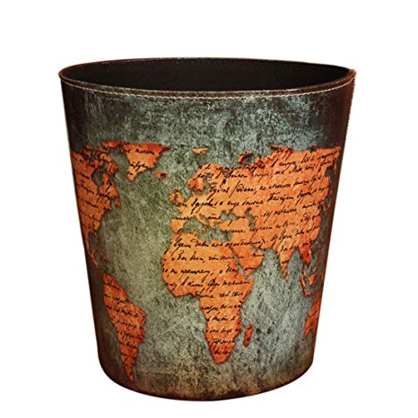 Wastebasket, Samyoung European Style World Map Pattern PU Leather Paper Basket Trash Can Dustbin Garbage Bin.