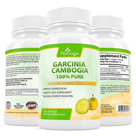 Natrogix 100% Pure Garcinia Cambogia Extract With HCA Highest Potency Garcinia Cambogia Weight Loss Fast Diet Pill with HCA BLAST Appetite Suppressant and Fat Burner Supplements (180 Capsules)