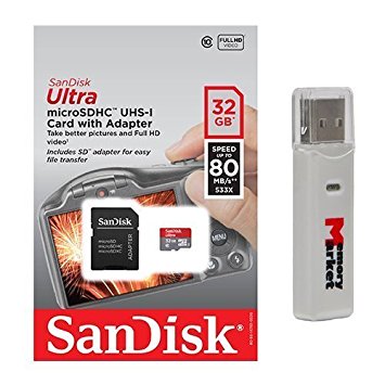 SanDisk Ultra 32GB UHS-I Class 10 MicroSDHC Memory Card Up to 80mb/s SDSQUNC-032G with adapter and USB 2.0 & SD Memory Card Reader