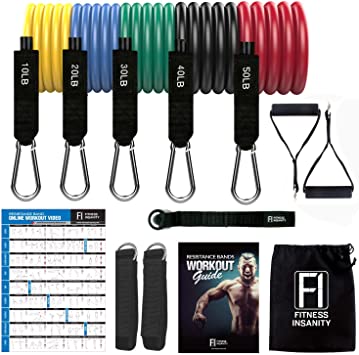 Fitness Insanity Resistance Band Set - Include 5 Stackable Exercise Bands with Waterproof Carrying Case, Door Anchor Attachment, Legs Ankle Straps and Exercise Guide eBook - 100% Life Time Guarantee