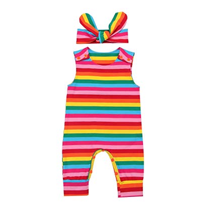 Infant Baby Girl Summer Rainbow Stripe One Piece Romper Bodysuit Clothes Set