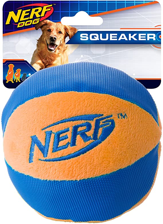 Nerf Dog Trackshot Ball Dog Toy with Interactive Squeaker and Crunch, Lightweight, Durable and Water Resistant, 4.5 Inches, For Medium/Large Breeds, Single Unit, Blue/Orange