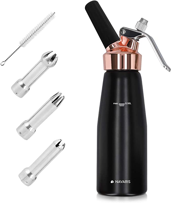 Navaris Whipped Cream Dispenser - 1 Pint (500ml) Handheld Whipping Cream Maker with 3 Stainless Steel Tips - for Use with N20 Chargers - Black/Copper