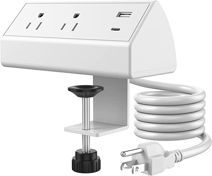 VILONG 10FT Power Strip with USB,Power Strip 18W USB-C Fast Charging Outlets for Conference Desk Power Outlets with Clamp Mount,800J Surge Protector White