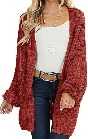 MEROKEETY Women's 2024 Fall Open Front Chunky Knit Sweater Oversized Lantern Sleeve Cardigan Outwear