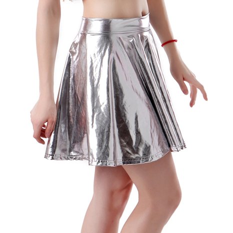 HDE Women's Shiny Liquid Metallic Wet Look Flared Pleated Skater Skirt
