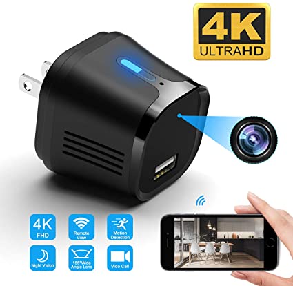 Hidden Camera Charger – USB Spy Camera – 4K Ultra-HD Mini Spy Camera Wireless – Motion Detection Alarm Feature – 166 Degree Wide Angle – No Light Night Vision – Ideal Nanny Cam, Spy Cam, Protection