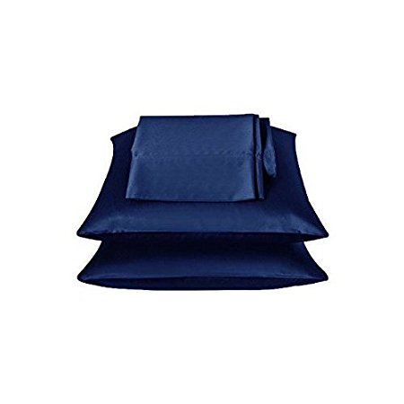 2 Pieces of 350TC Solid Navy Blue Soft Silky Satin Pillow Cases for Full or Queen Pillow