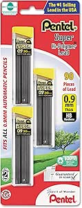 Pentel C29BPHB3 Super Hi-Polymer Lead Refills, 0.9mm, HB, Black, 30/Tube, 3 Tubes/Pack