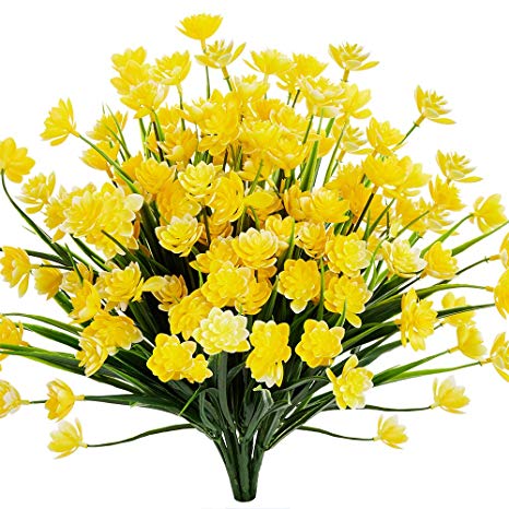 TEMCHY Artificial Daffodils Fake Large Flowers, 4 Bundles Yellow UV Resistant Faux Greenery Foliage Plants Shrubs for Garden, Wedding, Outside Hanging Planter, Farmhouse Indoor Outdoor Decor