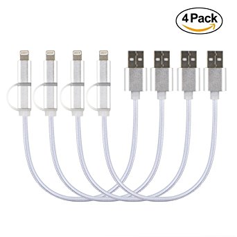 Upow 2-in-1 Short Nylon Braided Lightning and Micro USB Cable High Speed Sync and Charging Cable Cord (0.25m/9.5inch)(4 Pack) (Silver)