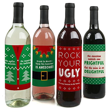 Ugly Sweater - Holiday & Christmas Wine Bottle Labels - Set of 4