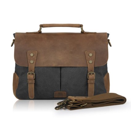 Smriti Vintage Real Leather Canvas Messenger Bag 14-inch Laptop Briefcase - Black