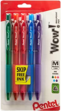 Pentel WOW! Colors Retractable Ballpoint Pens, Medium Line, Assorted Ink, 5 Pack (BK440CRBP5M)