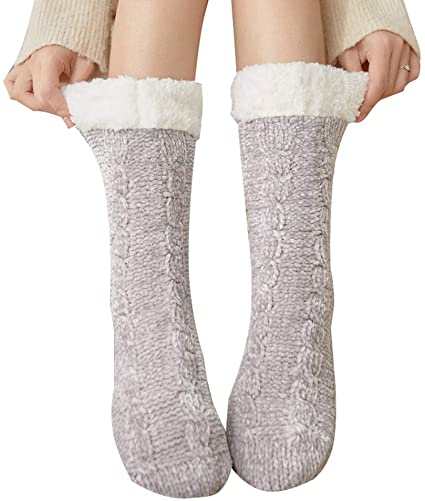 Bestjybt Women's Cozy Fleece Lining Non Slip Chenille Slipper Socks Thick Warm Winter Anti Skid Fuzzy Socks