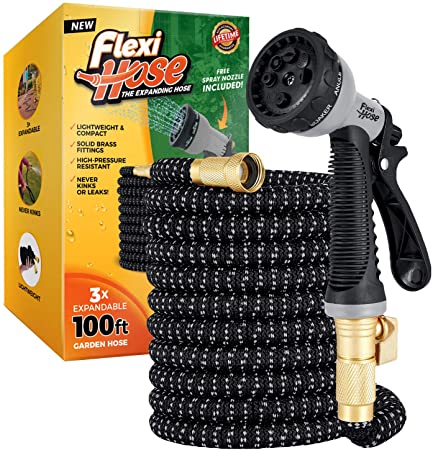 Flexi Hose Extra-Strong Expandable Garden Hose, 3/4" Solid Brass Fittings - No-Kink Flexible Water Hose with 8 Function Sprayer (Black/Gray, 100 FT)