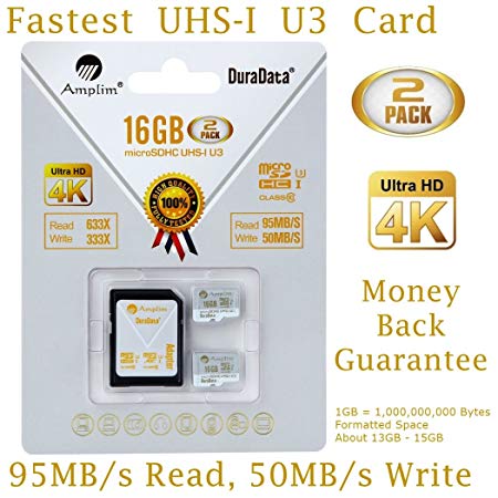Amplim 2X 16GB Micro SDHC U3 Card Plus SD Adapter Pack Extreme Pro Class 10 UHS-I MicroSDHC 95MB/s Read, 50MB/s Write. Ultra High Speed HD UHD 4K Video. Internal/External MicroSD Flash Memory Storage