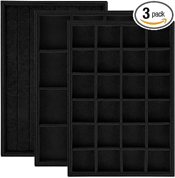 Rocutus Jewelry Trays,3 Pack Stackable Velvet Jewelry Organizer Tray Drawer Jewelry Storage Tray,Divided Ring Organizer Tray for Earrings, Necklaces, Bracelets,13.8"x9.5"x1.2" (Black)