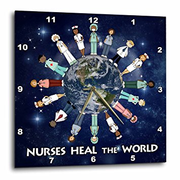 3dRose dpp_79459_2 Nurses Heal The World Planet Earth with Male and Female Nurses of All Cultures Circling The Globe Wall Clock, 13 by 13-Inch