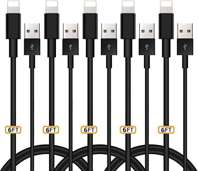 Charging Cables, CATTREE 6FT (2M) Phone Charger Cords Extension Long Fast Charging Syncing USB Cable Data Lines Compatible with Phone XR XS MAX X 8 7 plus 6s 6plus 5s 5 High Speed Durable Black 5 Pack