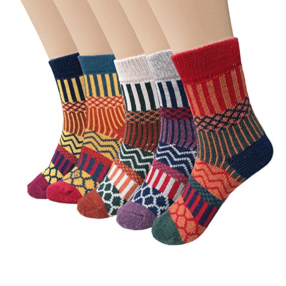 Pack of 5 Womens Vintage Style Cotton Knitting Wool Warm Winter Fall Crew Socks